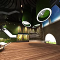Modern Indoor Design Featuring Green Pyramid Structure White Tangled Art And Grass Floor