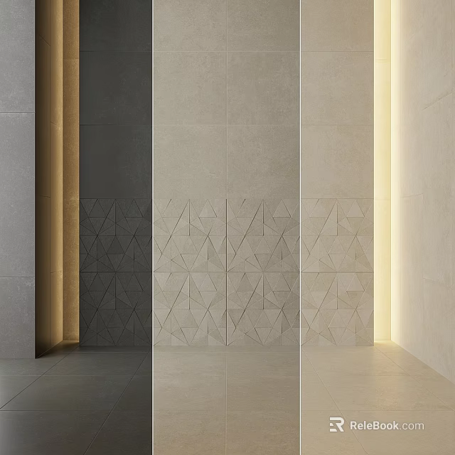 Gray And Beige Tile Wall Components With Geometric Pattern Partitioned Design And Lighting 3d model 