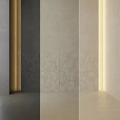Gray And Beige Tile Wall Components With Geometric Pattern Partitioned Design And Lighting 3d model