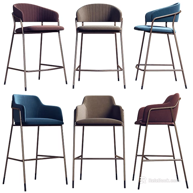 Modern Stylish Bar Stools With Metal Frame And Upholstered Seats In Various Colors 3d model 