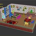 Cartoon Room Scene With Tables Chairs Green Lamp Wall Pictures And Curtained Window