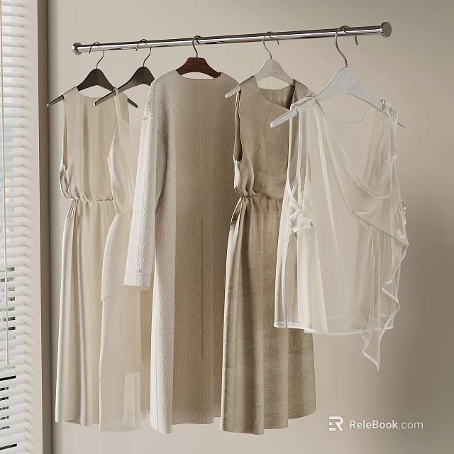 Elegant Light Colored Dresses Hanging On Wooden Hangers With Natural Light 3d model 