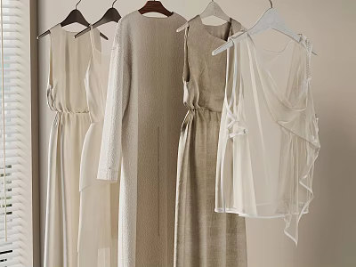 Elegant Light Colored Dresses Hanging On Wooden Hangers With Natural Light 3d model