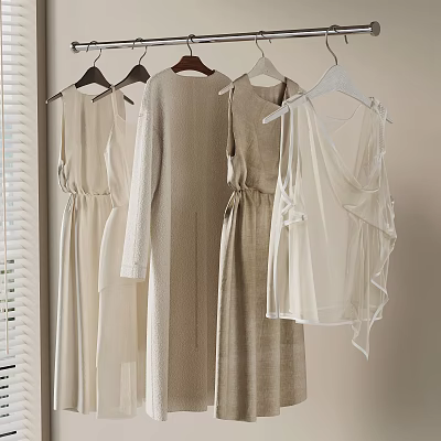 Elegant Light Colored Dresses Hanging On Wooden Hangers With Natural Light 3d model