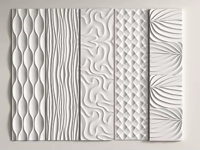 White Modern Wall Panels with Wavy Striped Geometric and Leaf Textured Patterns for Interior Design 3d model