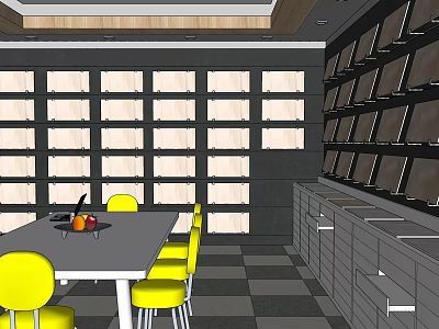 Modern Interior Space With Yellow Chairs Gray Table White Grid Shelves And Black Screens 3d model