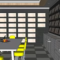 Modern Interior Space With Yellow Chairs Gray Table White Grid Shelves And Black Screens