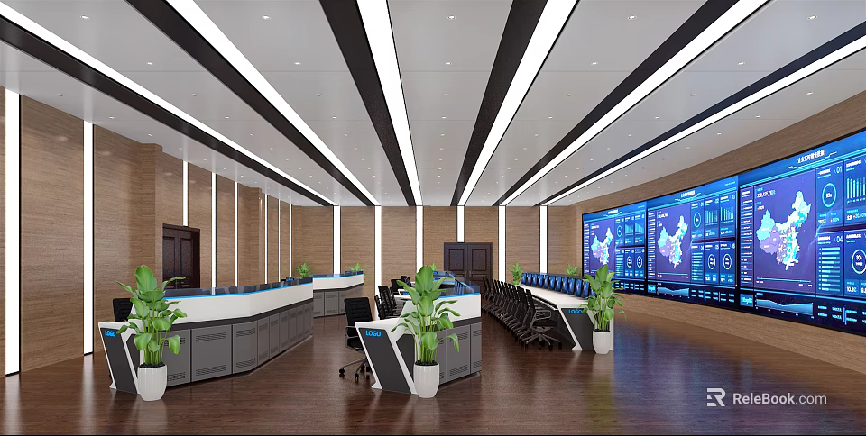 Modern Monitoring Control Room With Multiple Surveillance Screens Console And Green Plants 3d model 