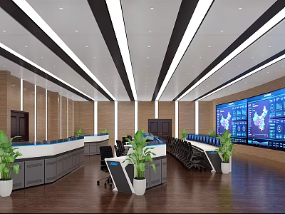Modern Monitoring Control Room With Multiple Surveillance Screens Console And Green Plants 3d model