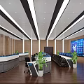 Modern Monitoring Control Room With Multiple Surveillance Screens Console And Green Plants