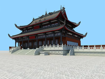 Ancient Chinese Architecture Featuring Traditional Roof Flying Eaves And Stone Steps Courtyard 3d model