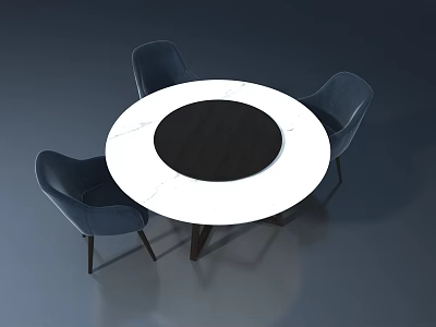 Modern Round Dining Table With Marble Top And Four Blue Chairs 3d model