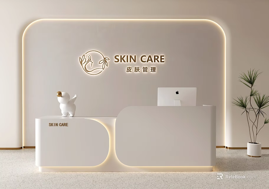 Modern Skin Care Clinic Reception Desk With White Curved Design LED Lighting And Potted Plant 3d model 