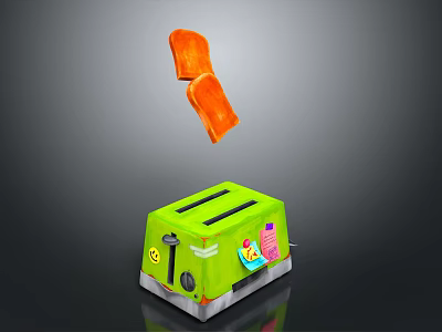 Green Toaster With Popping Orange Toast Slices And Colorful Stickers 3d model