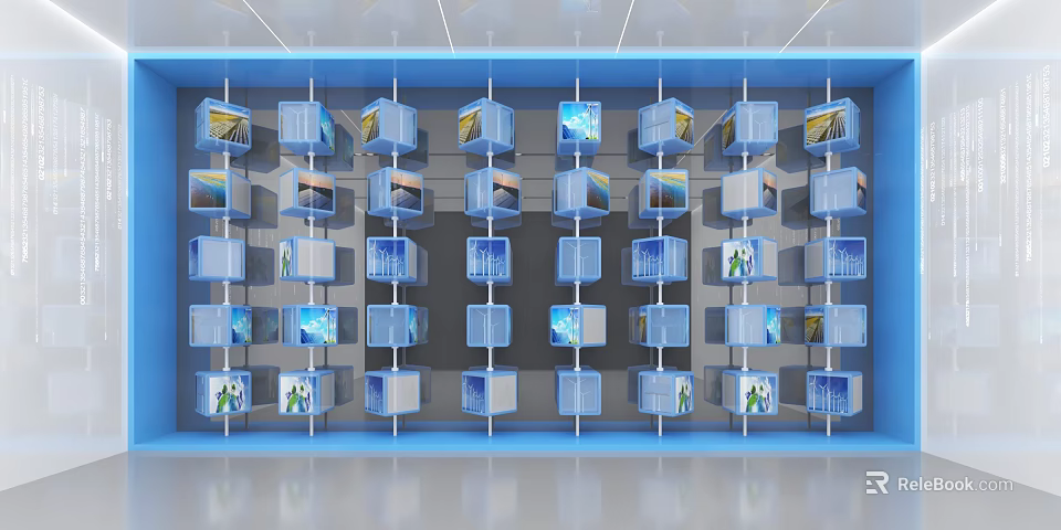 Modern Digital Display Wall Featuring Blue Cubes With Multiple Screens And 3d model