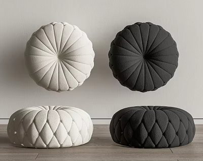 Modern White and Black Round Ottomans with Radial Stripes and Diamond Patterns on Wooden Floor 3d model