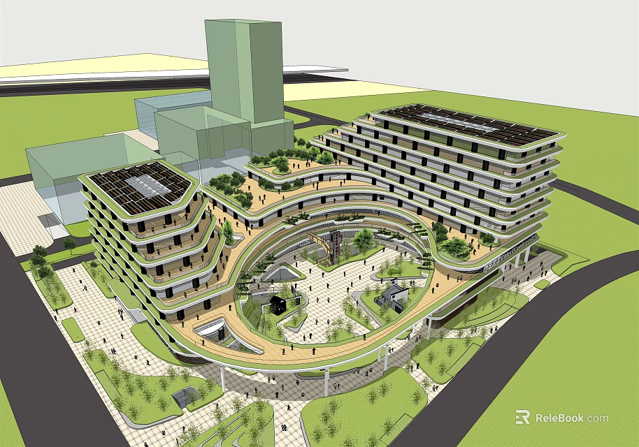 Modern Multi Storey Office Building With Solar Panels Central Courtyard And Green Landscaping 3d model 