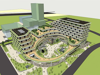 Modern Multi Storey Office Building With Solar Panels Central Courtyard And Green Landscaping 3d model