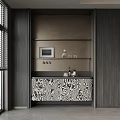 Elegant Modern Black Wine Cabinet With Zebra Pattern Marble Countertop Built-in Design And Window Blinds