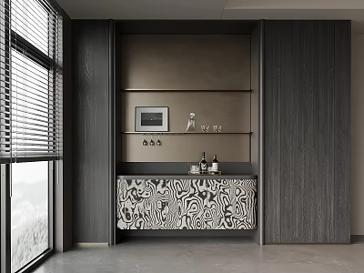 Elegant Modern Black Wine Cabinet With Zebra Pattern Marble Countertop Built-in Design And Window Blinds 3d model
