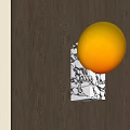 Orange Spherical Wall Lamp Mounted On Wooden Wall With Decorative Base And Green Leaves
