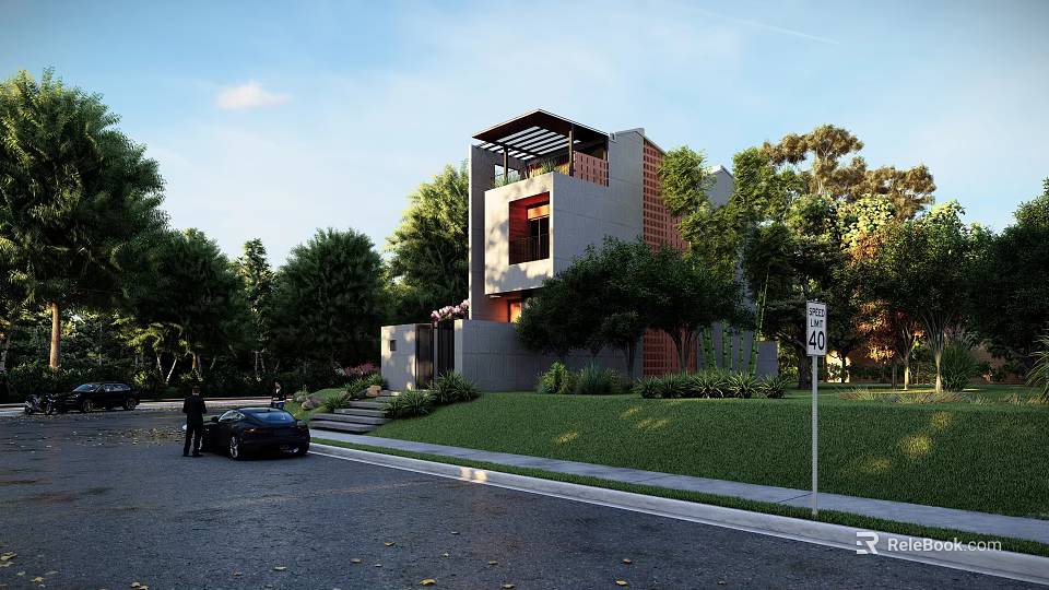 Modern Detached Villa Surrounded By Trees With Grey Facade Glass Windows And Lawn 3d model 