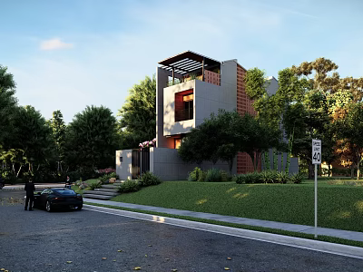 Modern Detached Villa Surrounded By Trees With Grey Facade Glass Windows And Lawn 3d model