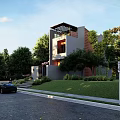 Modern Detached Villa Surrounded By Trees With Grey Facade Glass Windows And Lawn