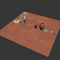 Colorful Sculptural Carvings Display On Red Tiled Floor With Vases And Decorative Items