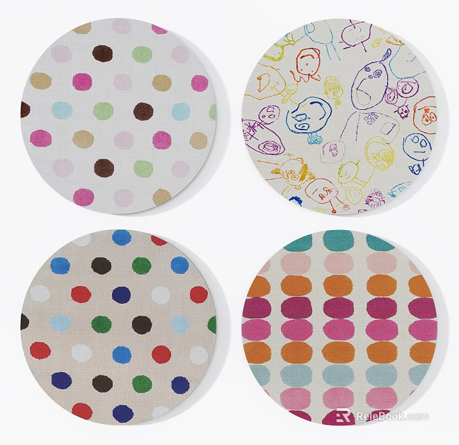 Round Rugs with Colorful Polka Dots and Playful Cartoon Doodle Patterns 3d model 