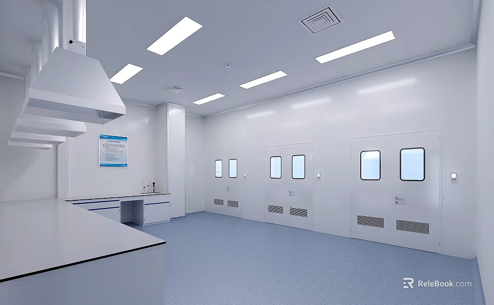 Laboratory Setup Featuring White Walls Lab Benches Fume Hoods Windows And Clean Flooring 3d model 