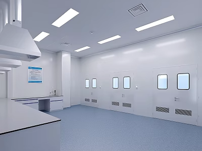 Laboratory Setup Featuring White Walls Lab Benches Fume Hoods Windows And Clean Flooring 3d model