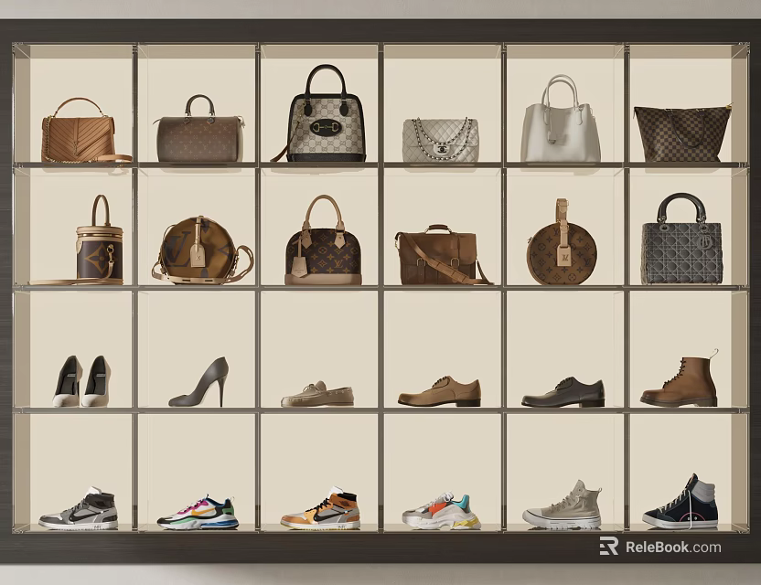 Stylish Retail Display Shelves With Various Handbags High Heels And Sneakers 3d model 