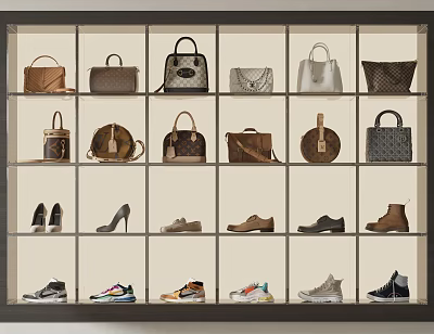 Stylish Retail Display Shelves With Various Handbags High Heels And Sneakers 3d model