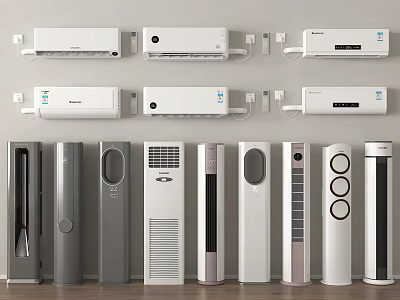 Air Conditioners And Fans Wall Mounted Floor Standing Modern Design Various Models In Home Interior Setup 3d model