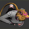 Anime Style Character With Cat Ears And Yellow Tail White Sweater Black Leggings Pink Stripes