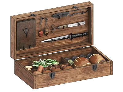 Open Wooden Storage Box With Knives Keys Herbs Bread And Food Items 3d model