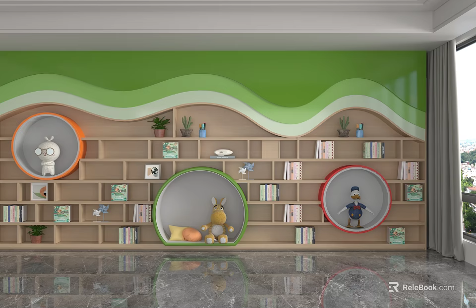 Playful Kids Room Shelving Unit With Green Wavy Wall Books Toys And Stuffed Dolls 3d model 
