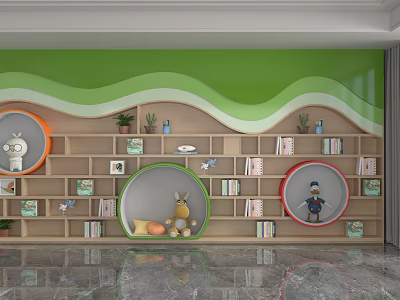 Playful Kids Room Shelving Unit With Green Wavy Wall Books Toys And Stuffed Dolls 3d model