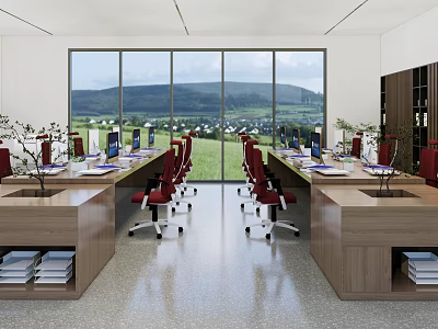 Open Public Office Space With Large Windows Green Landscape Red Chairs Workstations Computers And Books 3d model