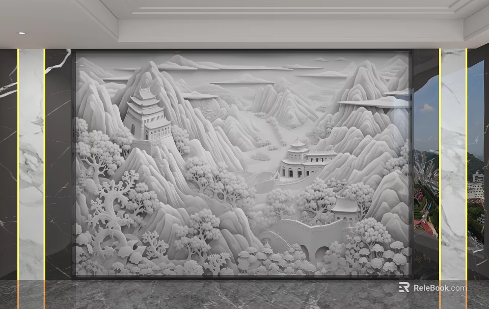 Traditional Chinese Relief Background Wall With Mountain Landscape Pavilion And Trees Design 3d model 