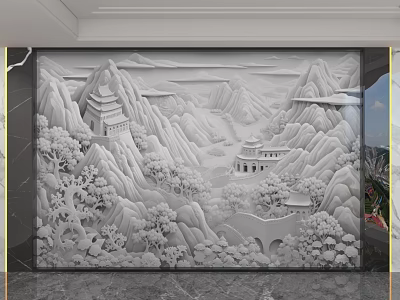 Traditional Chinese Relief Background Wall With Mountain Landscape Pavilion And Trees Design 3d model