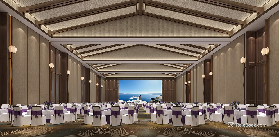 Elegant Banquet Hall With Wooden Ceiling Chandeliers Purple Sashed Chairs And Seaside View Screen 3d model 