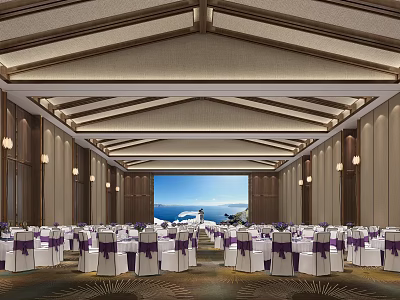 Elegant Banquet Hall With Wooden Ceiling Chandeliers Purple Sashed Chairs And Seaside View Screen 3d model