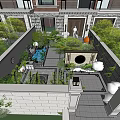 Traditional Chinese Garden Landscape with Rockery Waterfall Circular Window Stone Wall and Green Plants