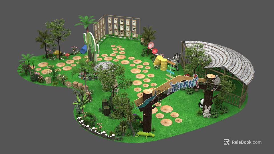 Fairy Tale Forest Kids Playground with Green Lawn Trees Mushroom Decor Slide And Cabin 3d model 