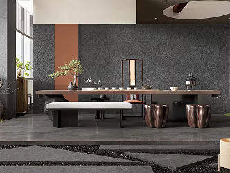 New Chinese Style Tea Room Tea Table and Chair Combination Solid Wood Long Table Solid Wood Single Chair Solid Wood Irregular Low Stool Fabric Bench Tea Set Teapot Teacup Pottery Pot Landscape 3d model