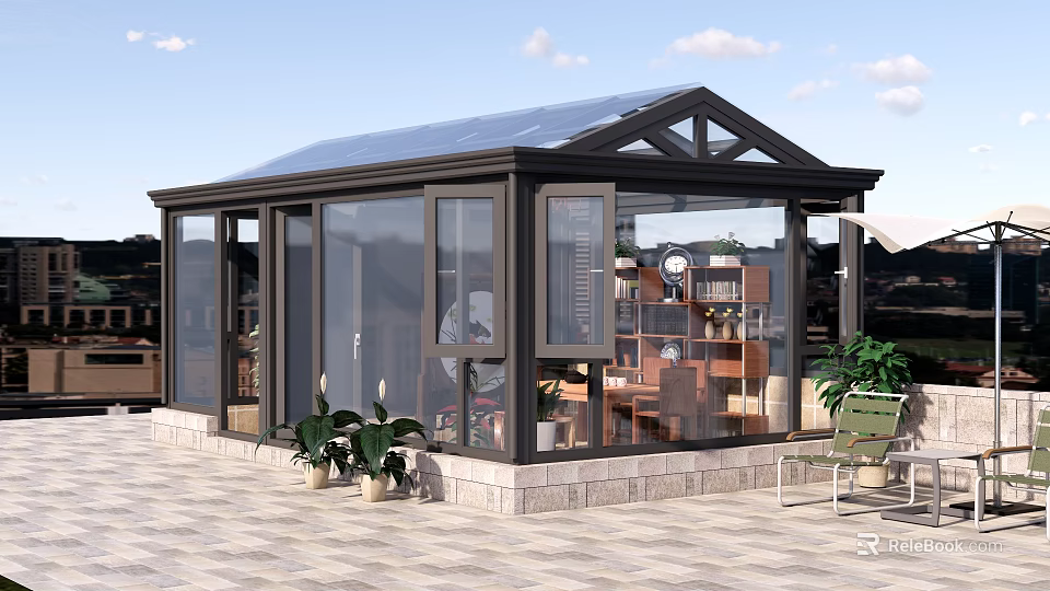 Contemporary Conservatory Featuring Glass Roof Windows Interior Table And Outdoor Plants 3d model 