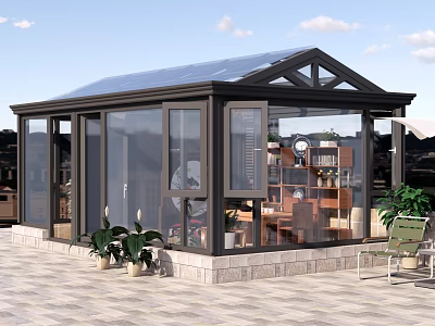 Contemporary Conservatory Featuring Glass Roof Windows Interior Table And Outdoor Plants 3d model