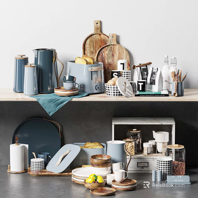 Stylish Modern Kitchenware With Jars Plates Mugs Utensils And Wooden Boards On Shelf 3d model 